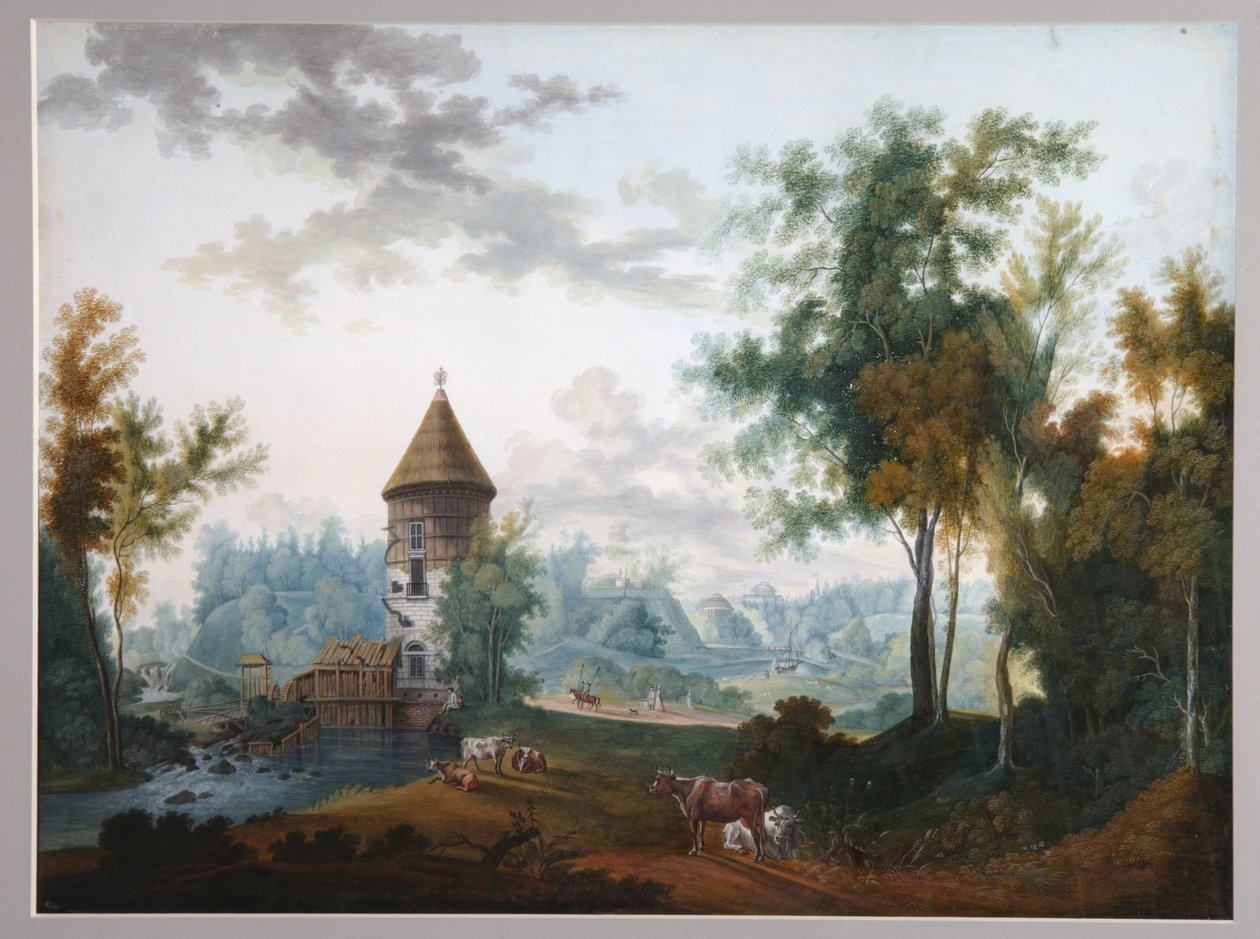 Wieża Młyńska i Pila w parku Pawłowsk, przed 1797 r. autorstwa Semyon Fyodorovich Shchedrin