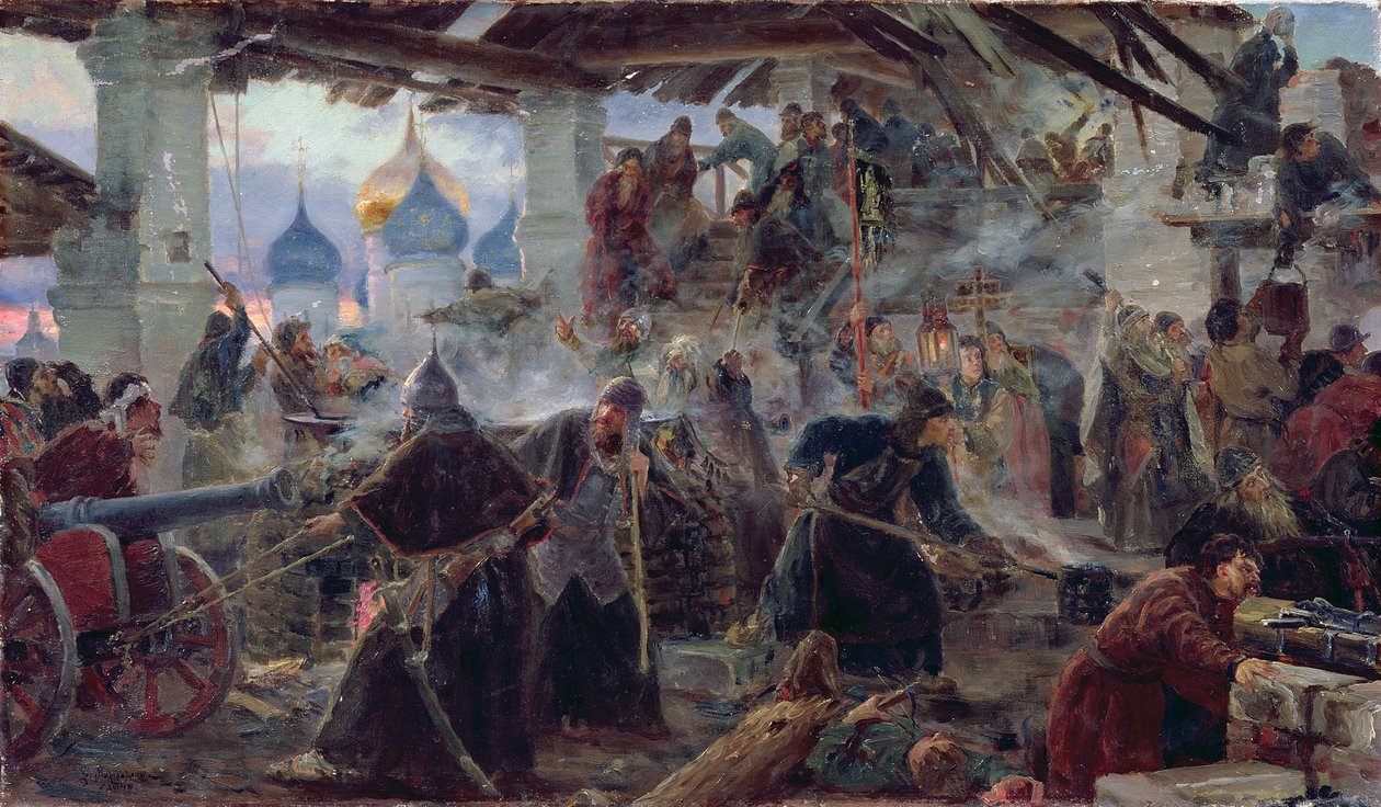 Obrona klasztoru Trójcy Sergiusza w Zagorsku, 1892 r. autorstwa Sergei Dmitrievich Miloradovich