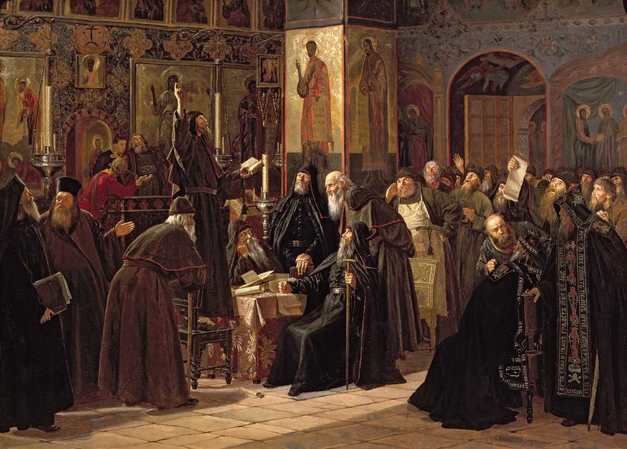Bunt klasztoru Sołowieckiego przeciwko nowym księgom w 1666, 1885 r. autorstwa Sergei Dmitrievich Miloradovich