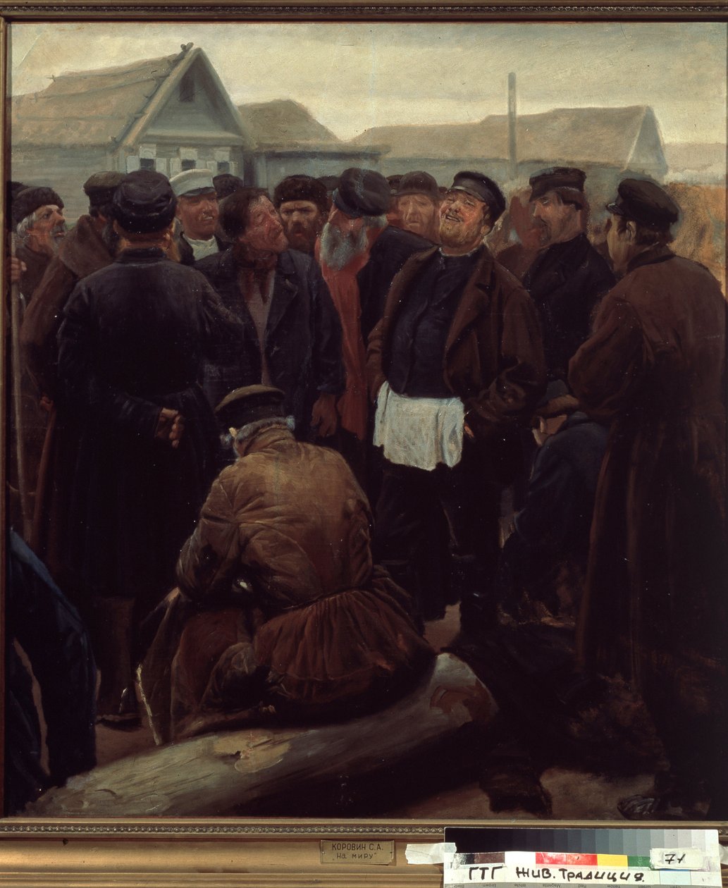 Poznaj społeczność wiejską. (Na spotkaniu społeczności wiejskiej). Grupa chłopów rosyjskich przed gospodarstwami. Praca Siergieja Aleksiejewicza Korowina (1858-1908), olej na papierze autorstwa Sergei Alexeyevich Korovin