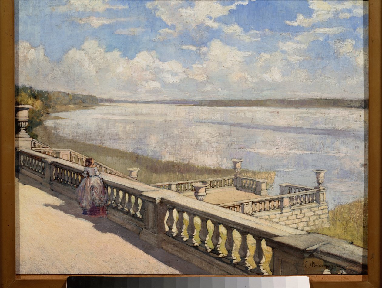 Słoneczny dzień, Pani na balustradzie - Obraz Siergieja Arseniewicza Winogradowa (1869-1938), olej na płótnie autorstwa Sergei Arsenevich Vinogradov