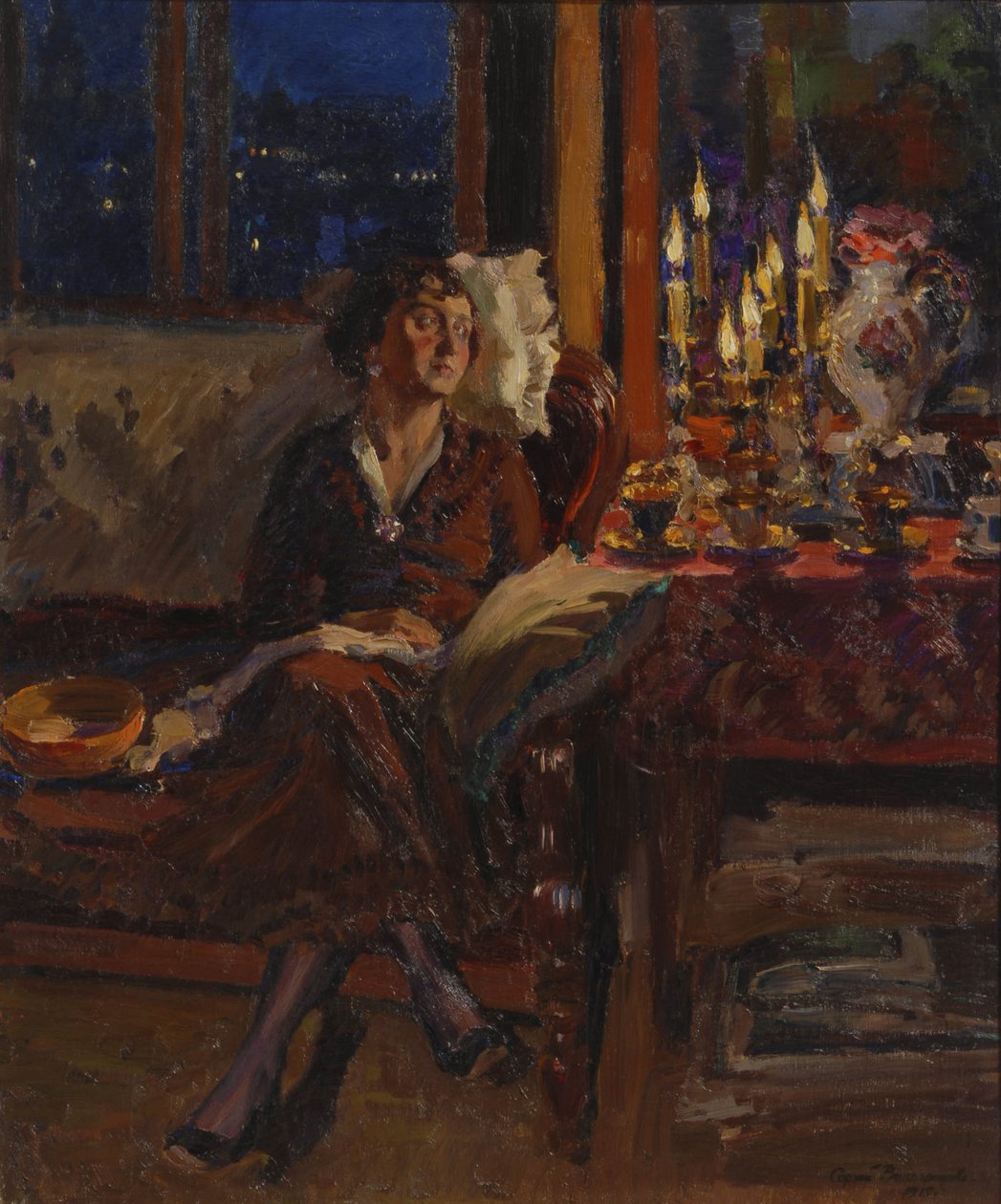 Dama z książką we wnętrzu, 1917 autorstwa Sergei Arsenevich Vinogradov