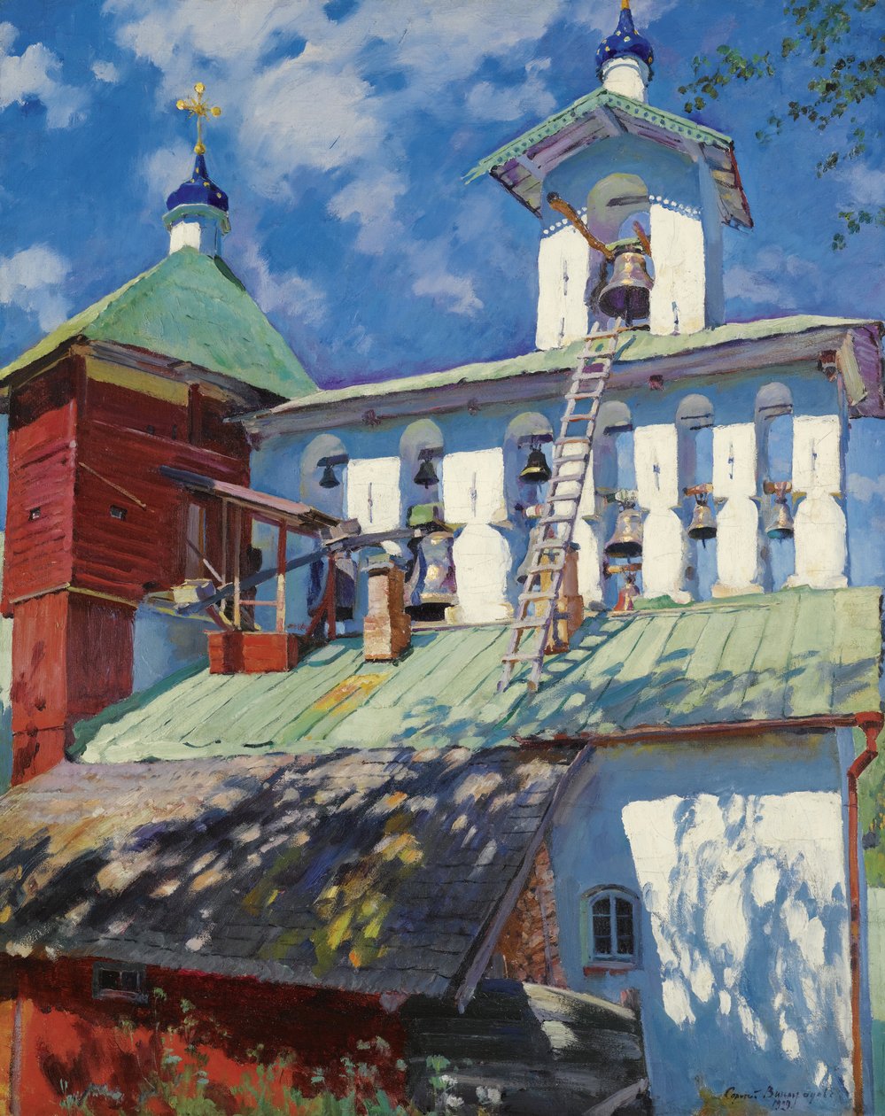 „„Widok na dzwonnicę klasztoru Pskov Caves (klasztor Zaśnięcia Psków-Peczorów lub Pskovo-Pechersky) w Peczorach, Rosja”” (dzwonnica klasztoru Pskovo-Pechersky) Obraz Siergieja Winogradowa (1869-1938) - 1929 - olej na płótnie niedz 8 autorstwa Sergei Arsenevich Vinogradov
