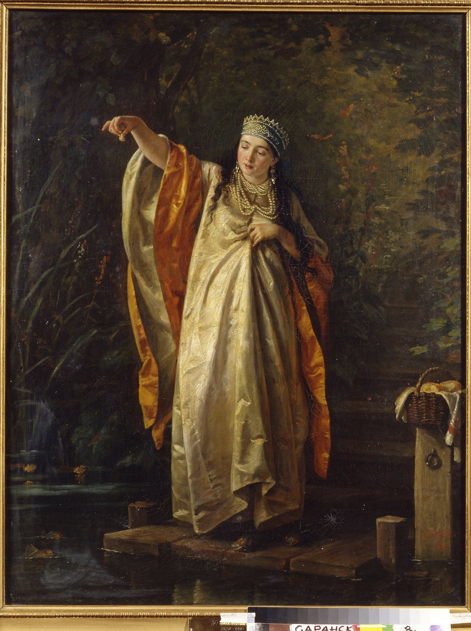 Kobieta Bojar (Bojar, Bojar) w zbiorniku paszy ryb. (Żona bojara w zbiorniku). Obraz Siergieja Iwanowicza Gribkowa (1820-1893), olej na płótnie autorstwa Sergei Ivanovich Gribkov