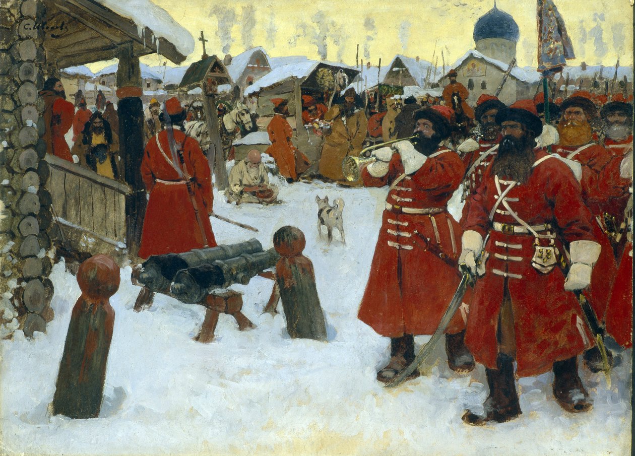 Trupa strzelec (ulice) - Obraz Siergieja Wasiljewicza Iwanowa (1864-1910), olej na płótnie autorstwa Sergei Ivanovich Gribkov