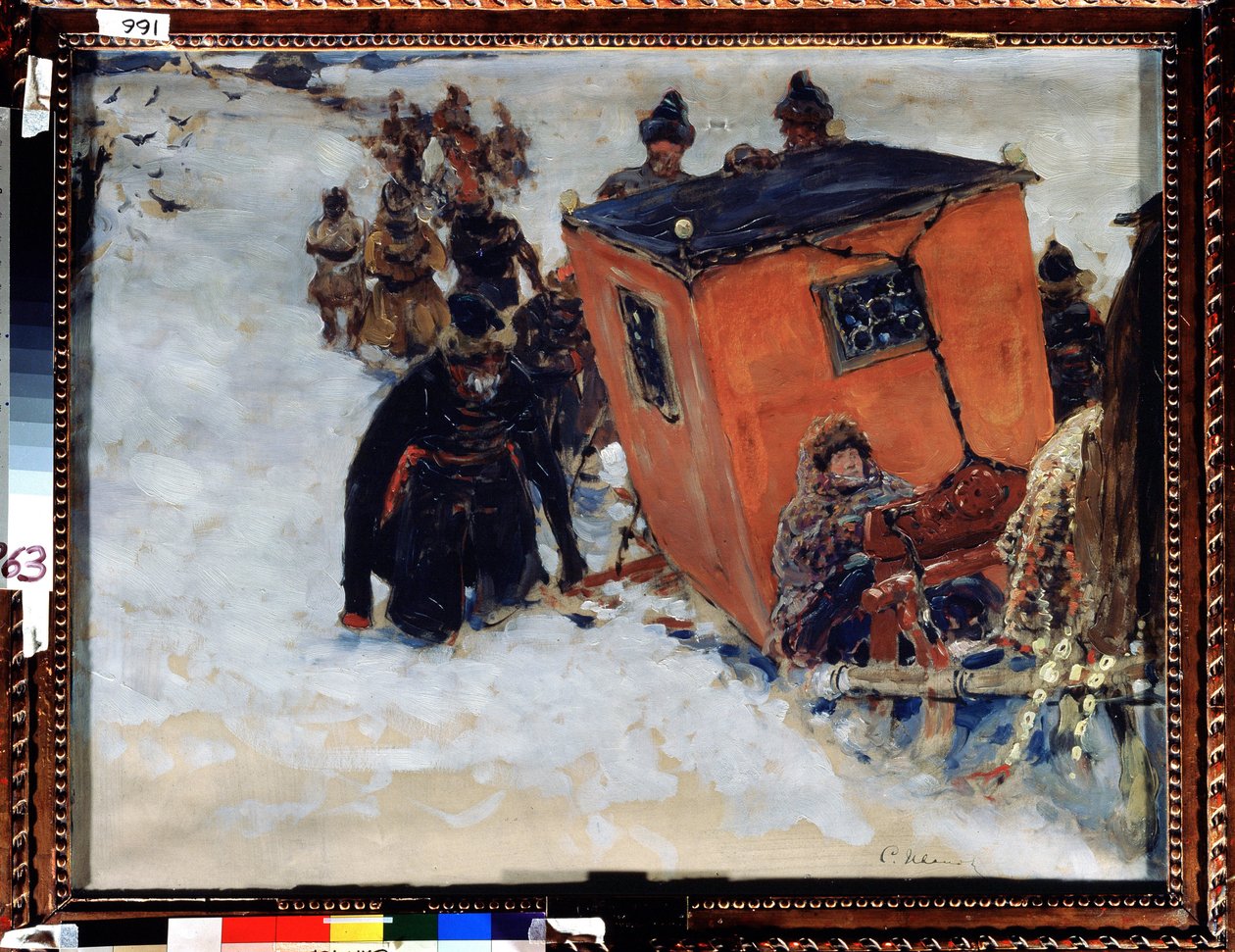 Sanie zamykają bojarów (dzik, bojar) (rosyjscy arystokraci) (Zamknięte sanie bojara). Praca Siergieja Wasiljewicza Iwanowa (1864-1910), olej na papierze autorstwa Sergei Ivanovich Gribkov