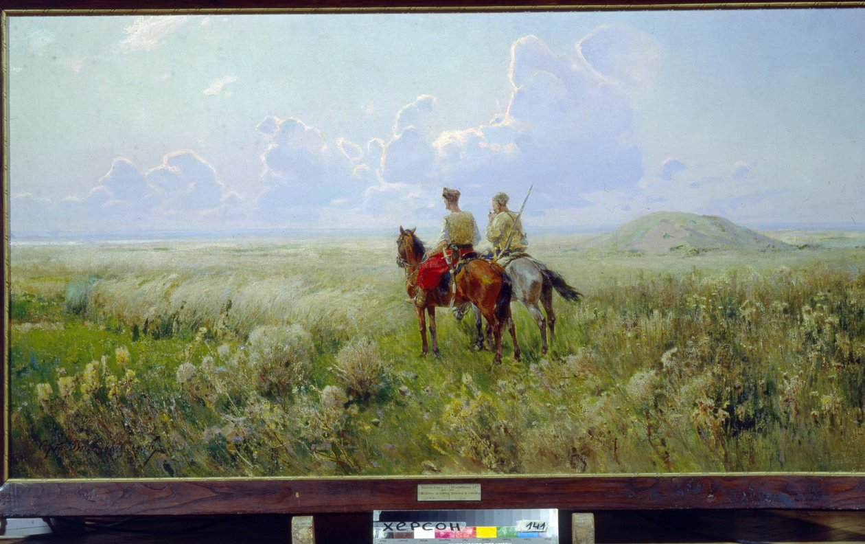 Kozacy na stepie (Kozacy na stepie) - Obraz Siergieja Iwanowicza Wasilkowskiego (1854-1917), olej na płótnie, ok. 1900 - Regionalne Muzeum Sztuki, Chersoń (Ukraina) autorstwa Sergei Ivanovich Vasilkovsky