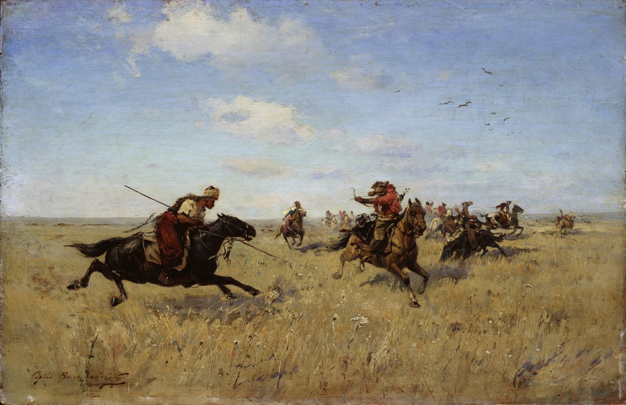Walka między Kozakami Dniepru i Tatarami, 1892 autorstwa Sergei Ivanovich Vasilkovsky
