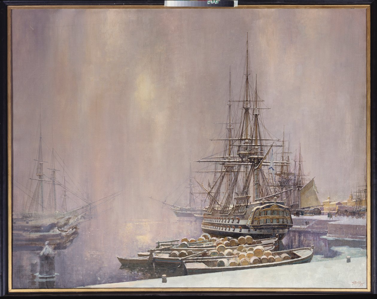 Kronsztad zimą (Port nad Bałtykiem w czasach Piotra Wielkiego (1672-1725) - Kronsztad zimą - Malarstwo Siergieja Warlenowicza Pióro (ur. 1952), olej na płótnie autorstwa Sergei Varlenovich Pen