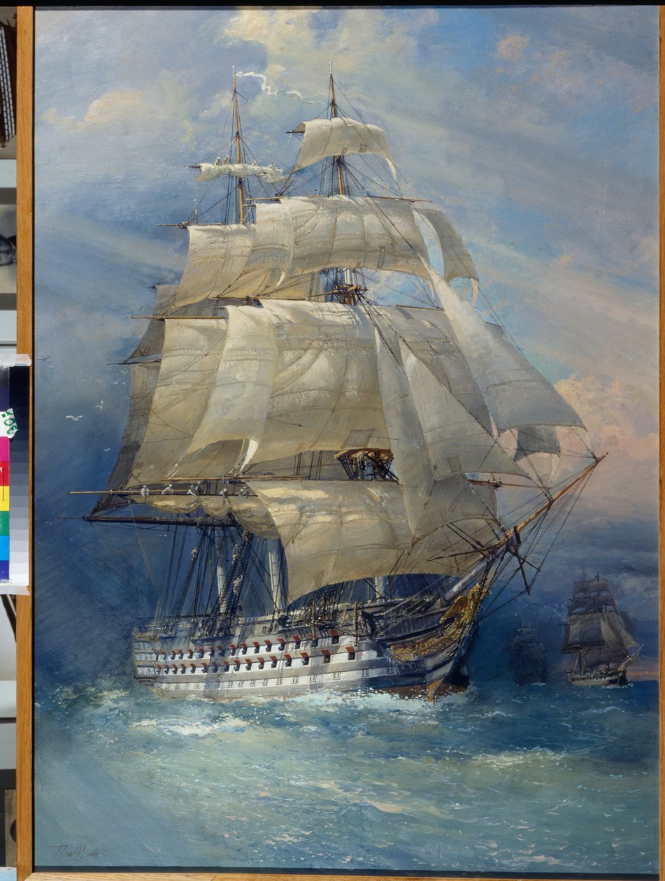 Navio russo de primeira classe da linha, Rossia (""Navio russo de primeira linha da linha Rossia"") - Pintura de Sergei Varlenovich Pen (nascido em 1952), óleo sobre tela, 2000polonês autorstwa Sergei Varlenovich Pen