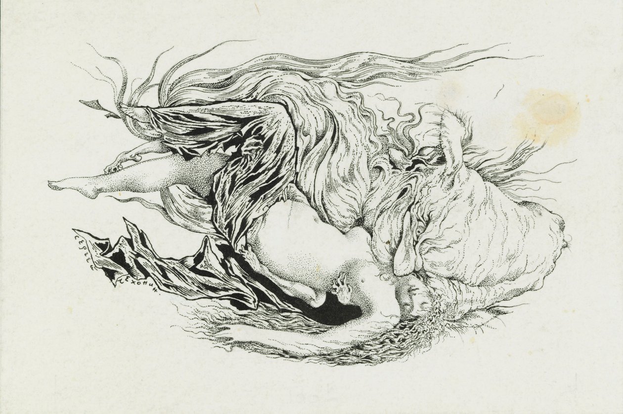 Czernomor i Ludmiła. Ilustracja do wiersza Rusłan i Ludmiła A. Puszkina, 1921-1926. autorstwa Sergei Vasilevich Chekhonin