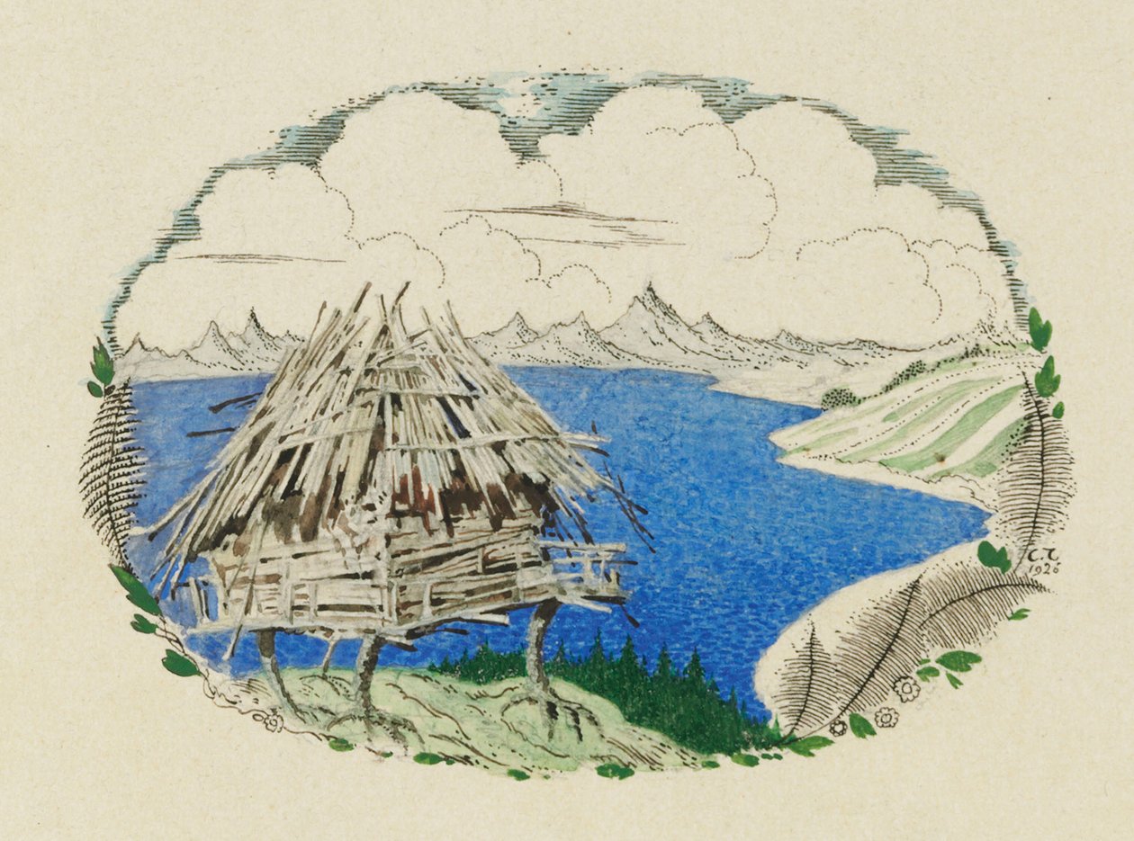 Chata na udkach z kurczaka. Ilustracja do wiersza Rusłan i Ludmiła A. Puszkina, 1921-1926. autorstwa Sergei Vasilevich Chekhonin