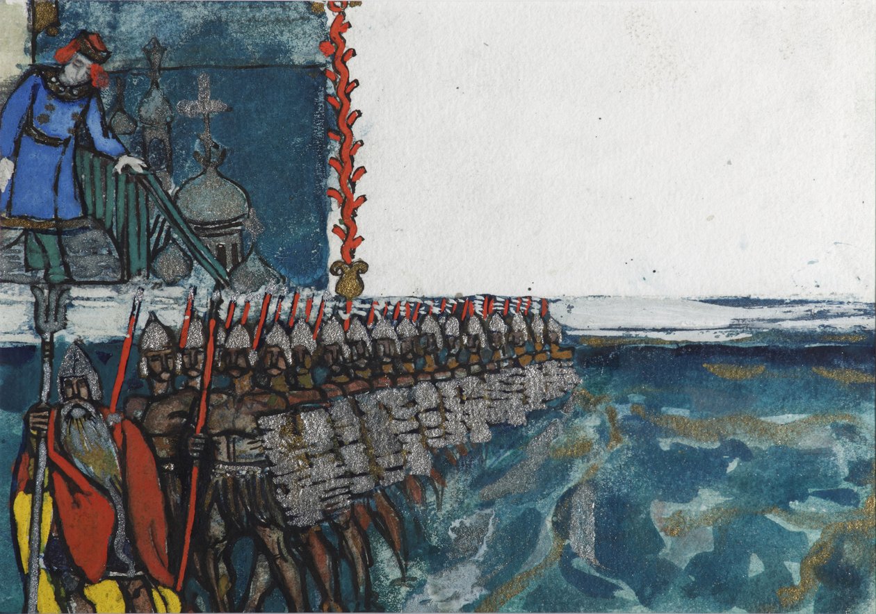 Ilustracja do bajki o carze Saltanie autorstwa A. Puszkina autorstwa Sergei Vasilievich Malyutin
