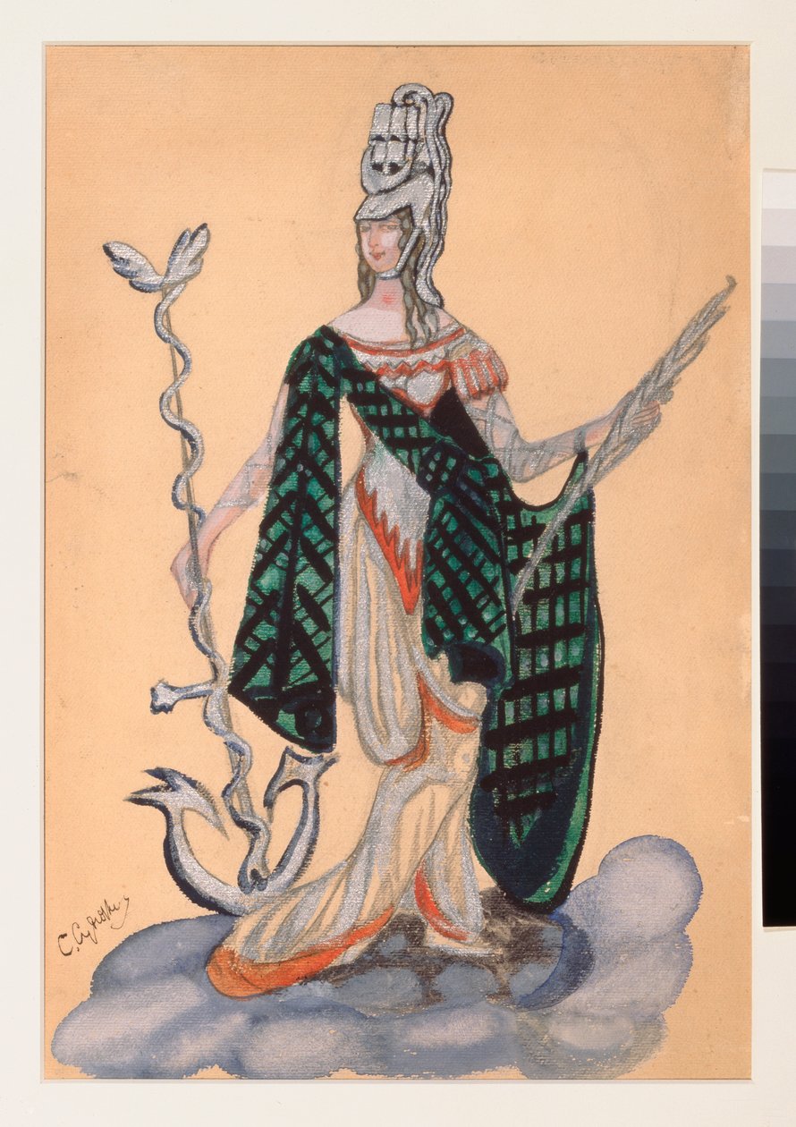 Costume preparatoire pour la piece de theatre „Le triomphe des Etats” de A Bobrishchev Pouchkine (Bobrishchev-Pouchkine) (Projekt kostiumu do sztuki teatralnej Triumph of the States w reżyserii Bobrishcheva Puszkina (Bobrishchev Pushkin) - Oeuvre de Sergei autorstwa Sergei Yurevich Sudeikin