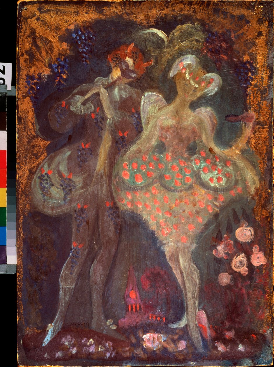 Amorek i faun. Praca Siergieja Juriewicza Sudeykina (Serge Soudeikine) (1882-1946), tempera na tekturze. Sztuka rosyjska, początek XX wieku. Państwowe Muzeum Sztuki Republiki Tatarstanu, Kazań (Rosja). autorstwa Sergei Yurevich Sudeikin