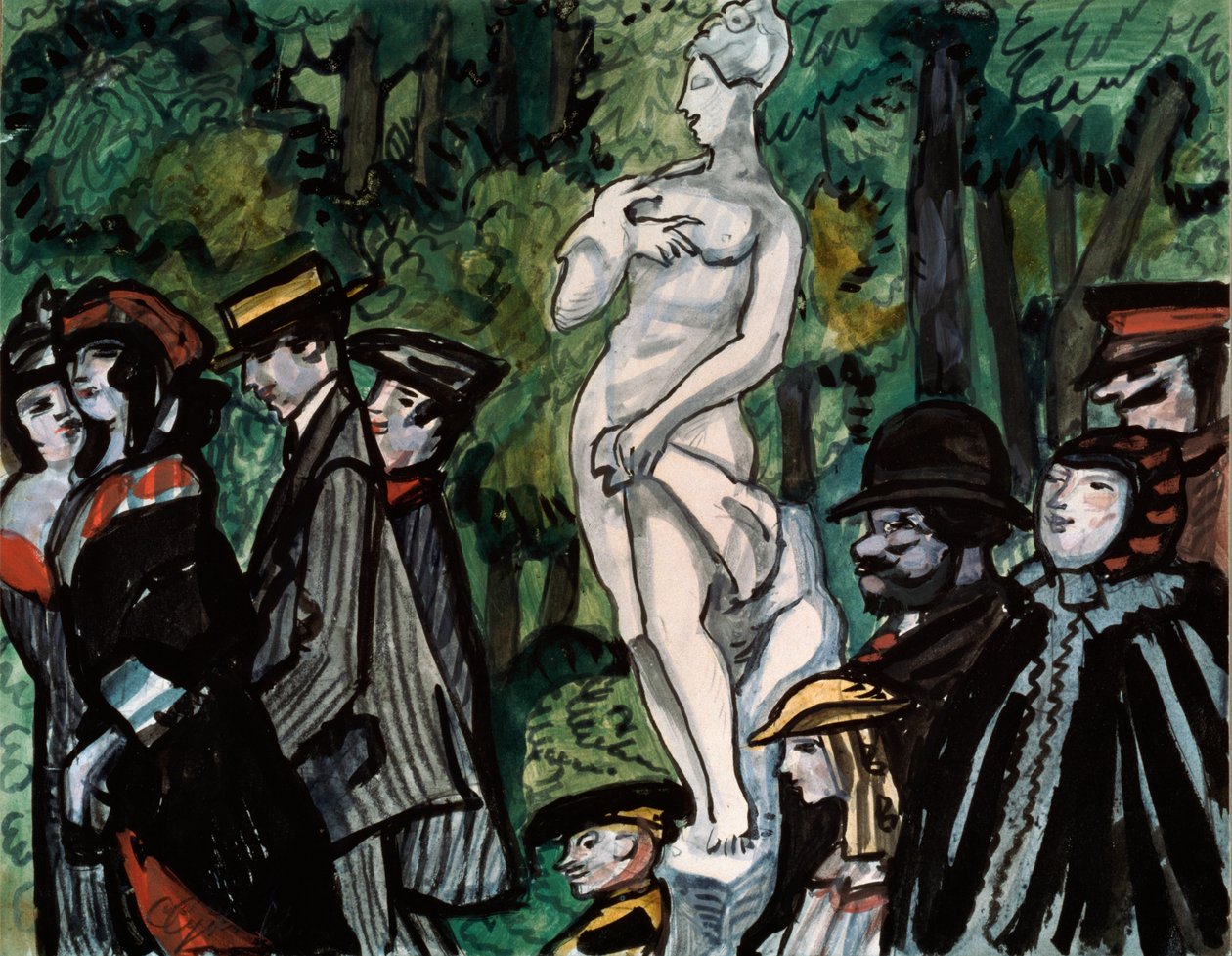 W letnim ogrodzie. (Rodziny w niedzielnej formie na spacerze wokół pomnika w Sankt Petersburgu). Praca Siergieja Juriewicza Sudeykina (Serge Soudeikine) (1882-1946), ołówek, gwasz i tusz na papierze. Sztuka rosyjska autorstwa Sergei Yurevich Sudeikin