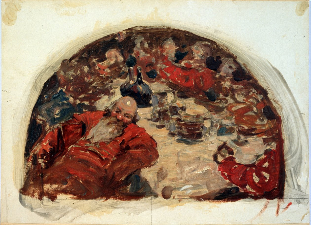 Czas Kłopotów. Okres historii Rosji od 1598 do 1613, scena picia mężczyzn ubranych w czerwone garnitury. Praca Siergieja Wasiljewicza Iwanowa (1864-1910), olej na tekturze autorstwa Sergej Vasilevic Ivanov