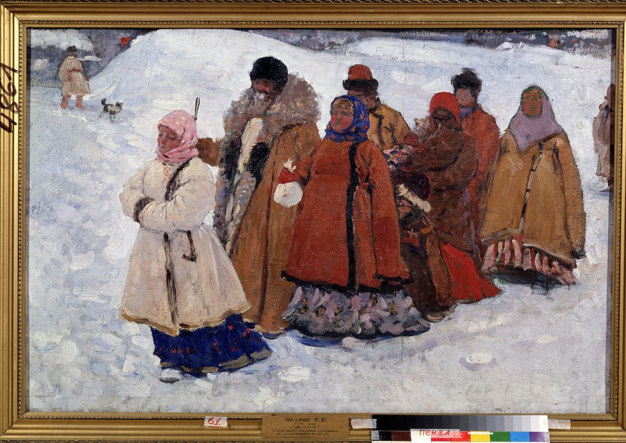 Rodzina. Rosyjska rodzina spacerująca w płaszczach po śniegu. Obraz Siergieja Wasiljewicza Iwanowa (1864-1910), olej na płótnie autorstwa Sergej Vasilevic Ivanov