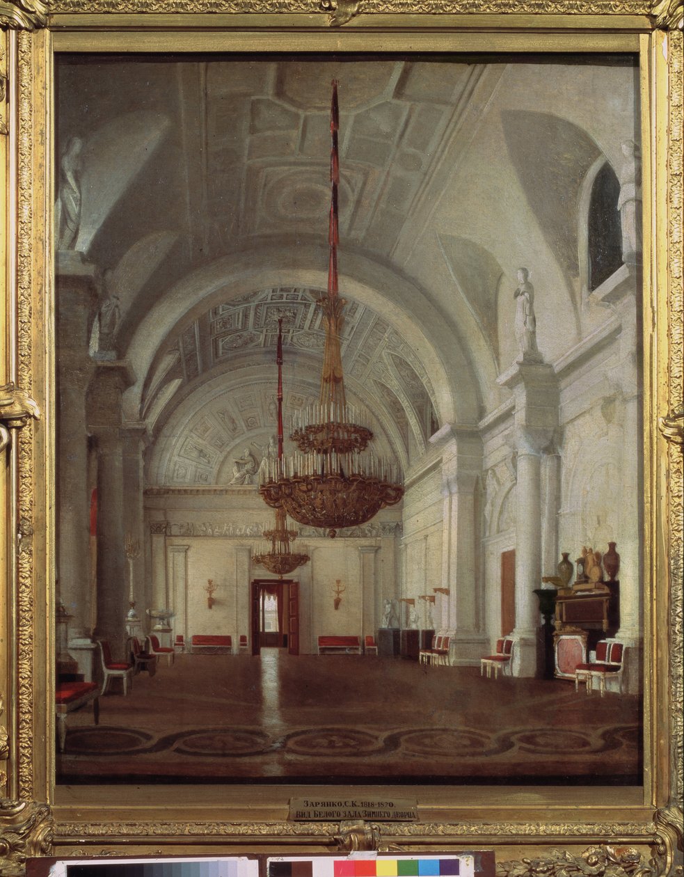 Widok Białej Sali Pałacu Zimowego w Sankt Petersburgu. Obraz Siergieja (Sergei, Sergei) Konstantinovich Zaryanko (Zarianko) (1818-1870), olej na płótnie. Sztuka rosyjska autorstwa Sergey Konstantinovich Zaryanko
