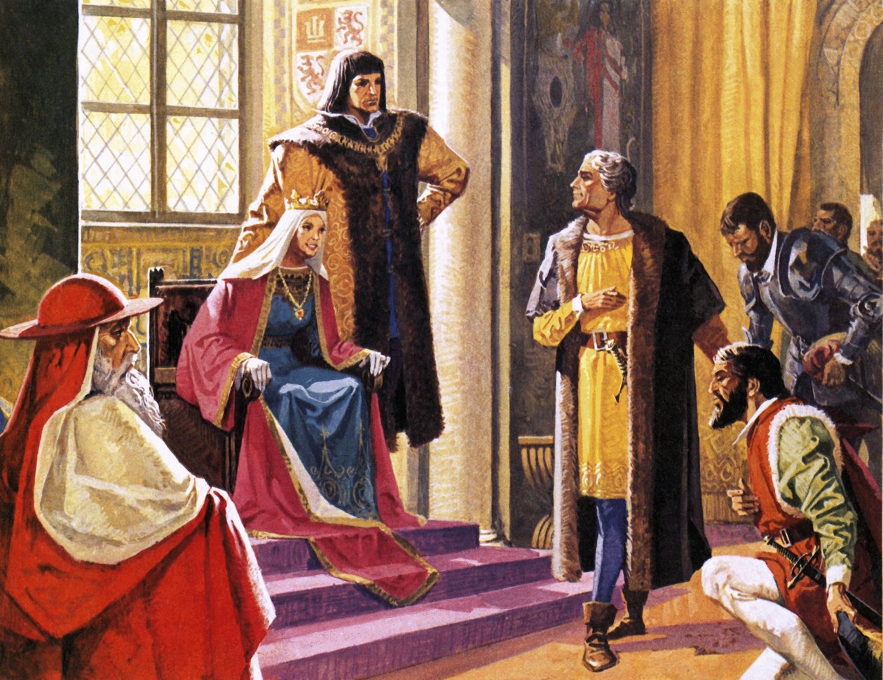 Amerigo Vespucci wyobrażał sobie, że przekazuje raporty ze swoich podróży hiszpańskiej królowej Izabeli autorstwa Severino Baraldi
