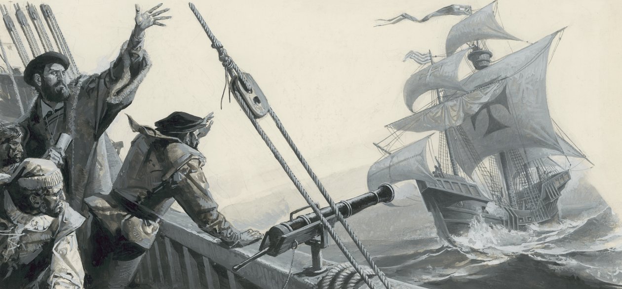 Ferdynand Magellan (1480-1521) odkrywa Ocean Spokojny (gwasz na papierze) autorstwa Severino Baraldi