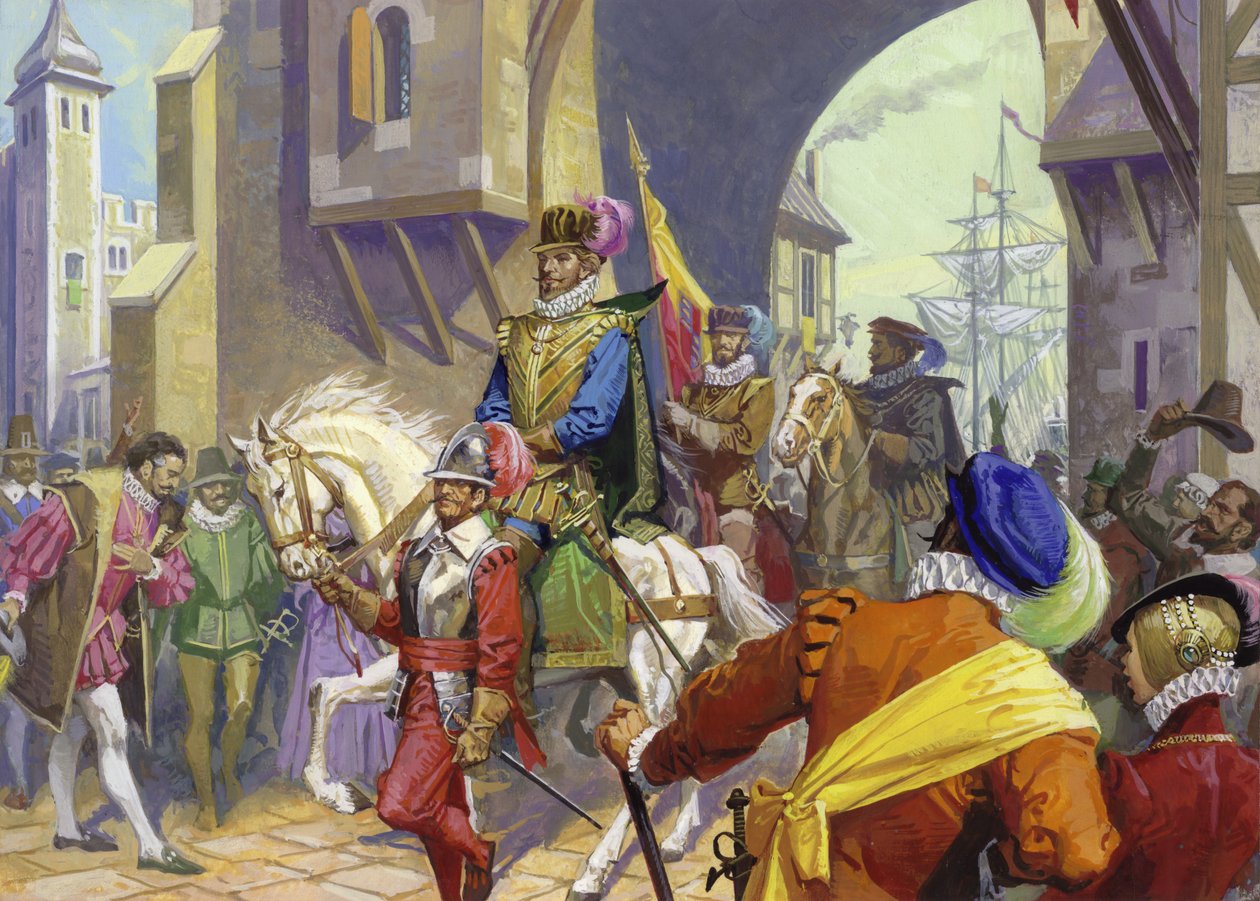 Sir Francis Drake przybywający do Plymouth (gwasz na papierze) autorstwa Severino Baraldi