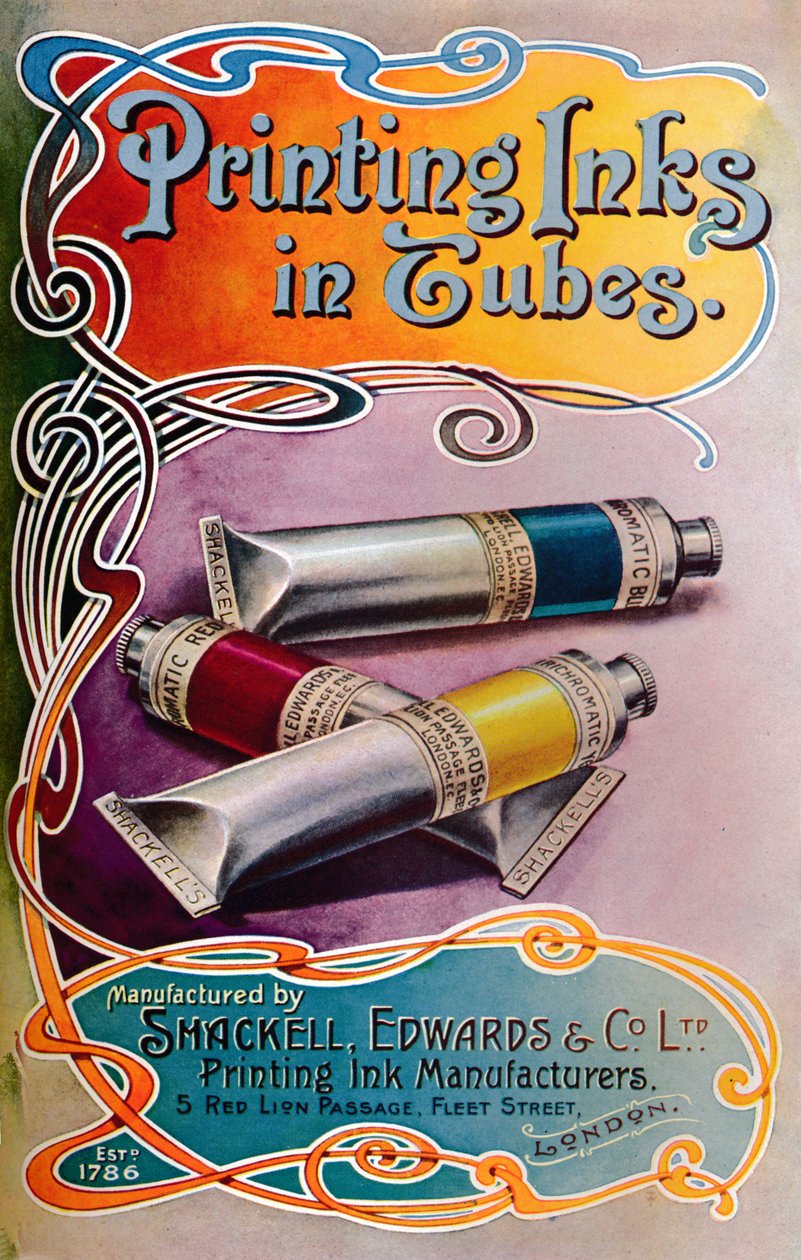 „Drukowanie atramentów w tubkach – reklama Shackell, Edwards & Co. Ltd.”, 1907 r. autorstwa Shackell Edwards and Co