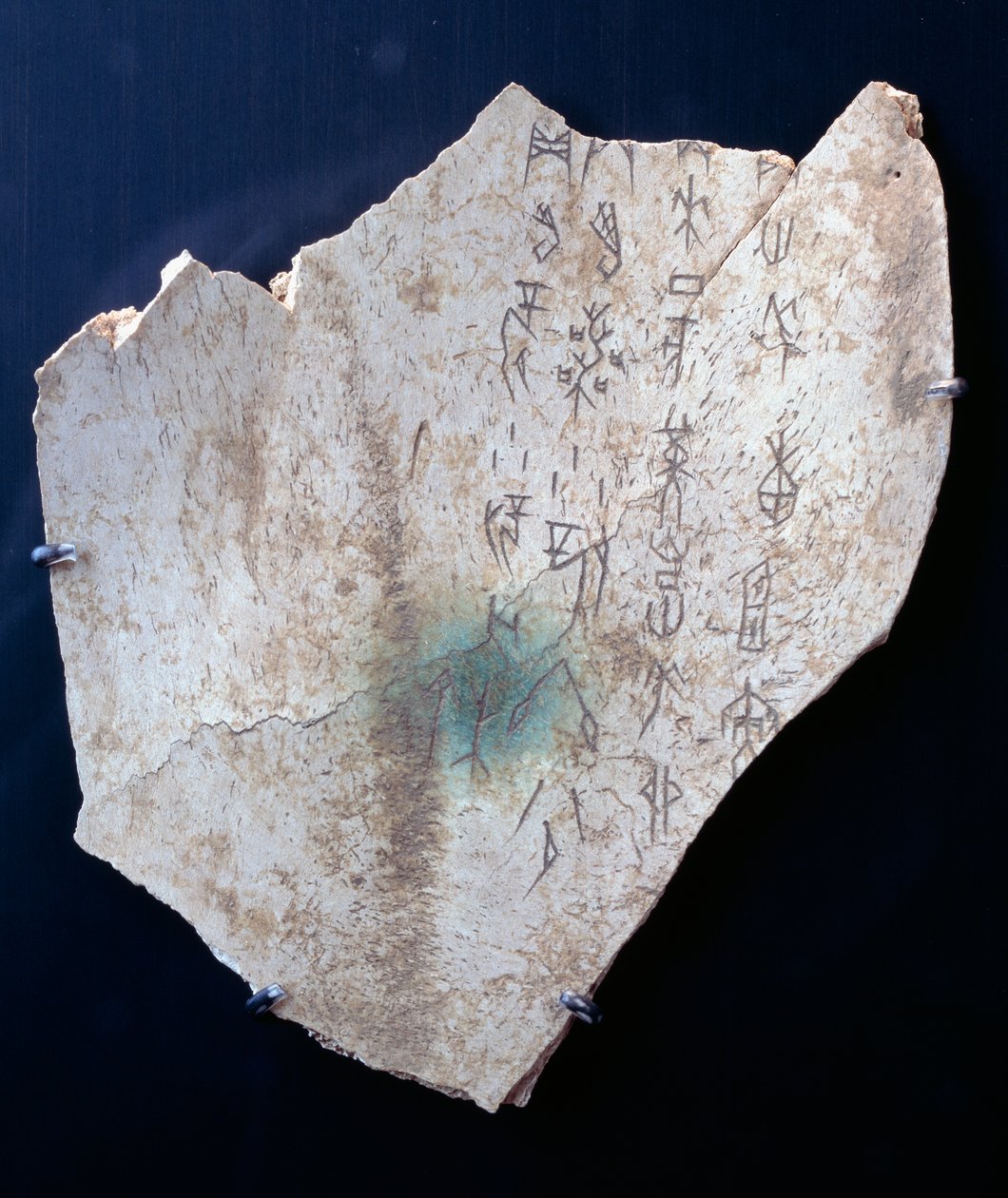 Piktogram na łopatce wołu z rytuałem odpędzania niebezpieczeństwa (kość) autorstwa Shang Dynasty Chinese School