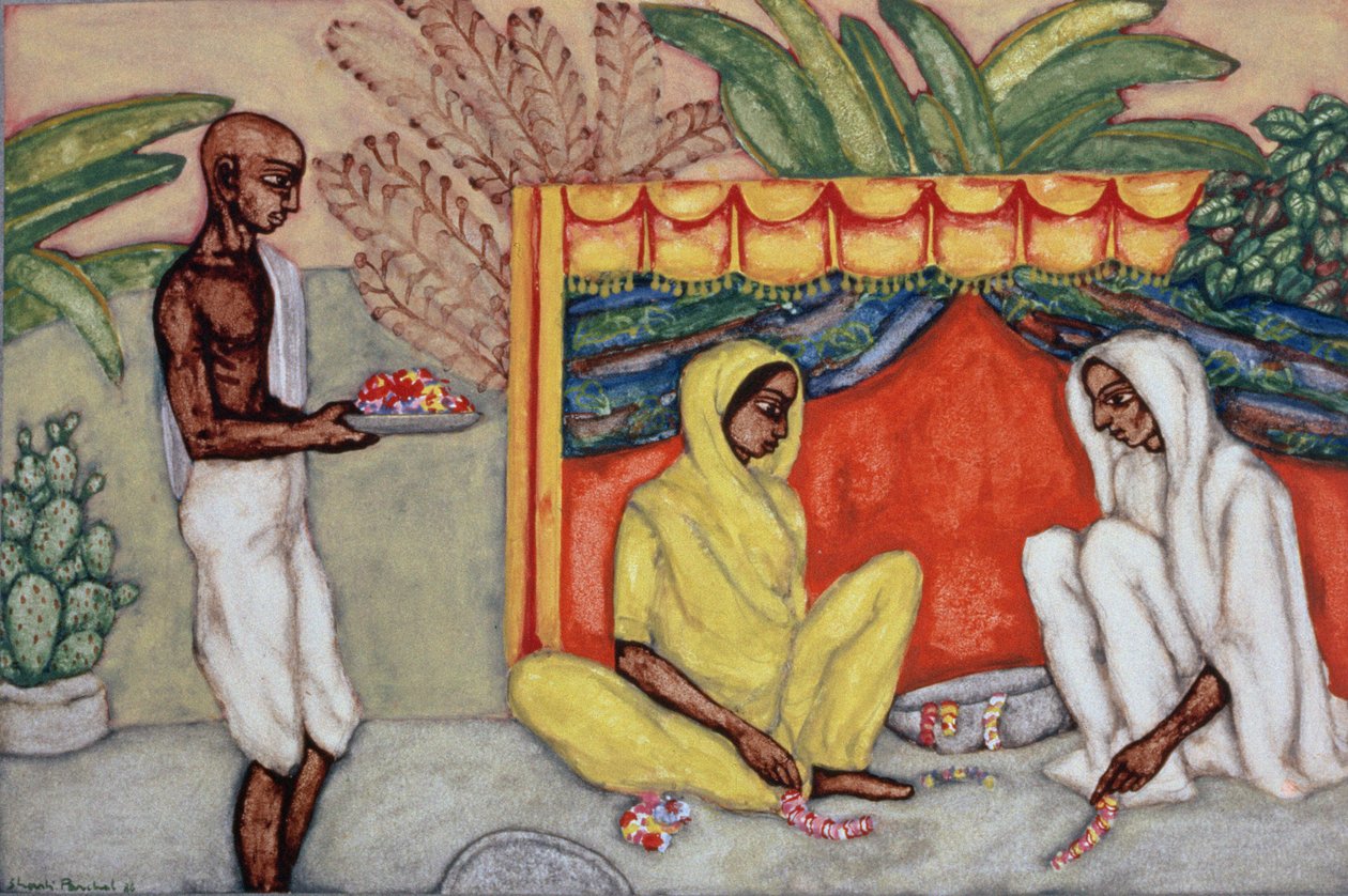 Tworzenie girland, 1986 (wc na papierze) autorstwa Shanti Panchal