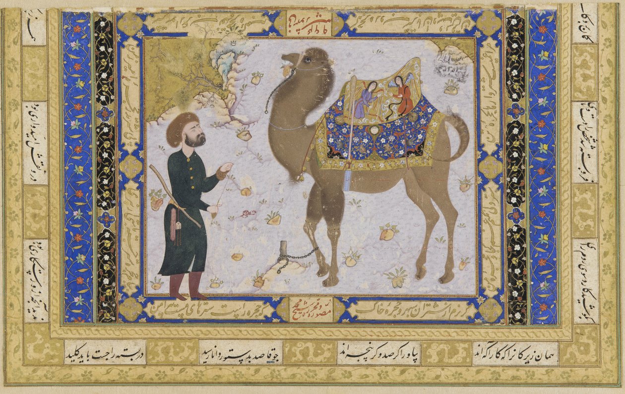 Wielbłąd i opiekun, okres Safawidów, 1556-57 (atrament, nieprzezroczysta toaleta i złoto na papierze) autorstwa Shaykh Muhammad