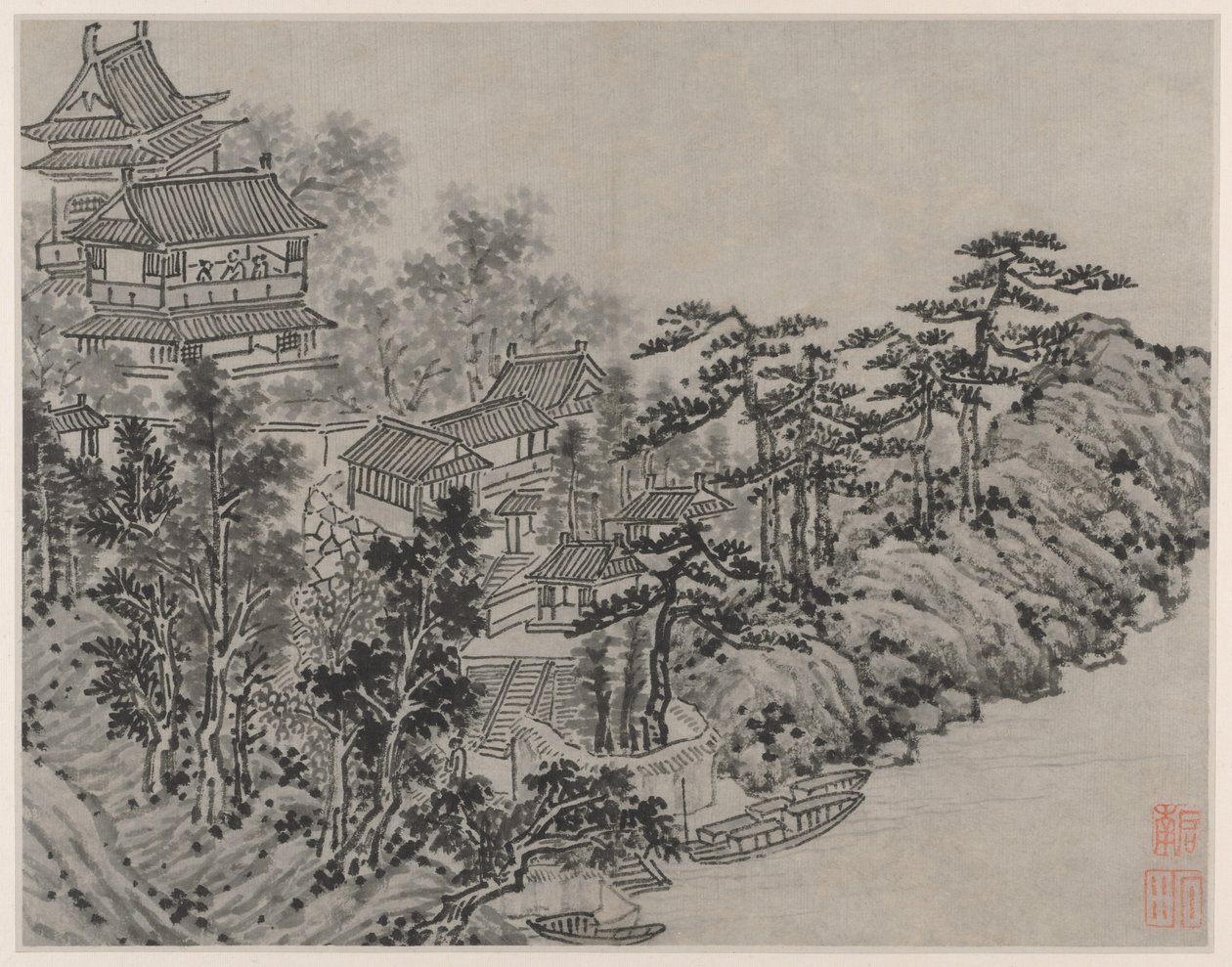Dwanaście widoków Tiger Hill, Suzhou: Pawilon do wspinaczki w chmurach autorstwa Shen Zhou