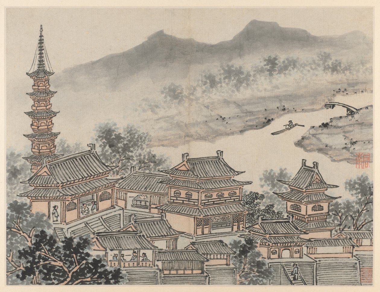 Dwanaście widoków Tiger Hill, Suzhou: Sala Tysiąca Buddy i Pagoda, po 1490 r. autorstwa Shen Zhou
