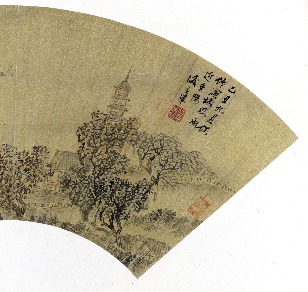 Detal pejzażu z pagodą, domami i łodziami, 1625 (tusz i farby na złotym papierze) autorstwa Sheng Maoye