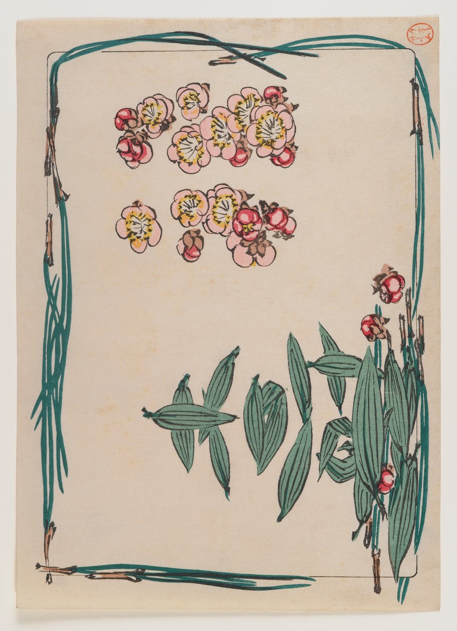 Wiśniowe kwiaty z obramowaniem igieł sosnowych z serii Hana Kurabe, ok. 1880 (kolorowy nadruk w drewnie) autorstwa Shibata Zeshin