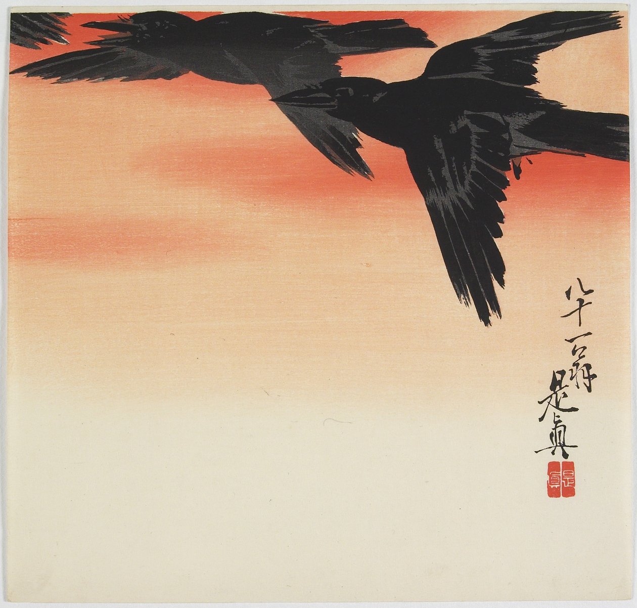 Wrony lecące o zachodzie słońca, ok. godz. 1888 autorstwa Shibata Zeshin
