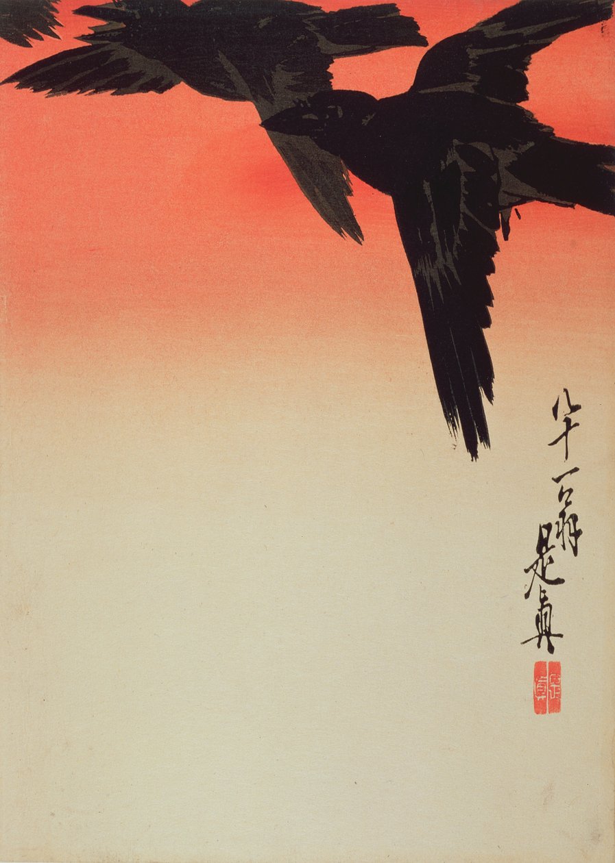 Wrony w locie o wschodzie słońca, 1888 (kolorowy drzeworyt) autorstwa Shibata Zeshin