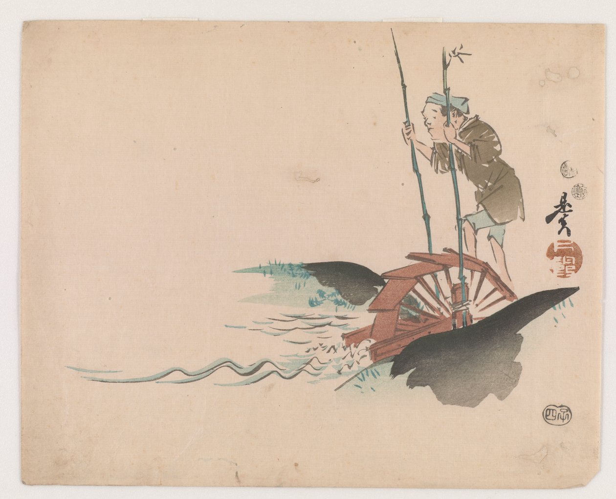 Man On A Treadmill (kolorowy drzeworyt) autorstwa Shibata Zeshin