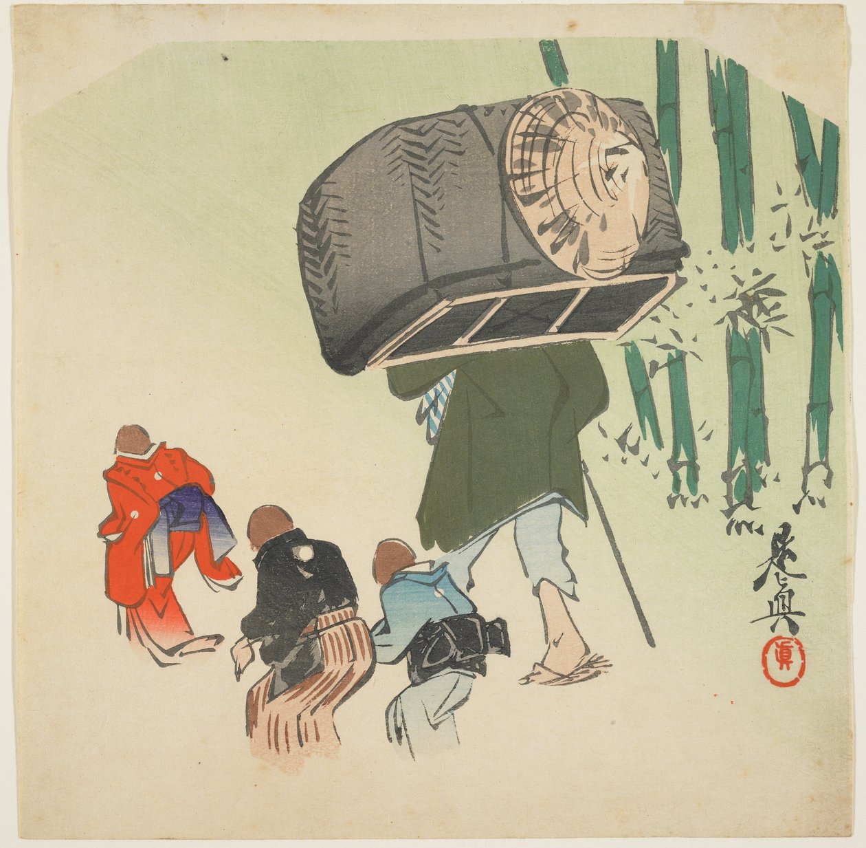 Scena z Toungue-cut Sparrow autorstwa Shibata Zeshin