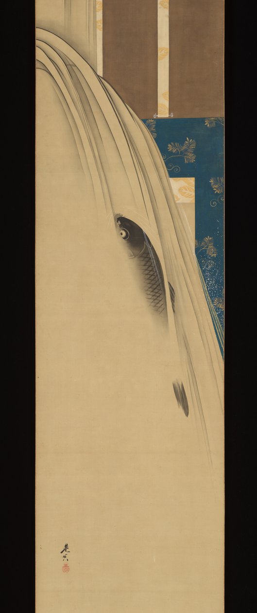 Ein Karpfen, der einen Wasserfall hinaufsteigt autorstwa Shibata Zeshin