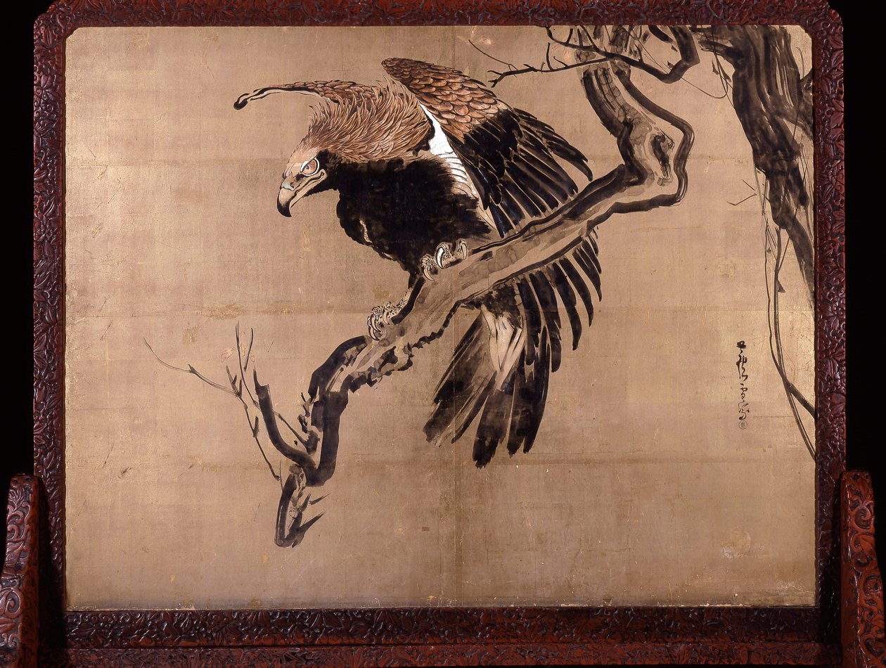 Karp w falach (Zeshin) i orzeł na gałęzi (rewers Rosetsu) autorstwa Shibata Zeshin
