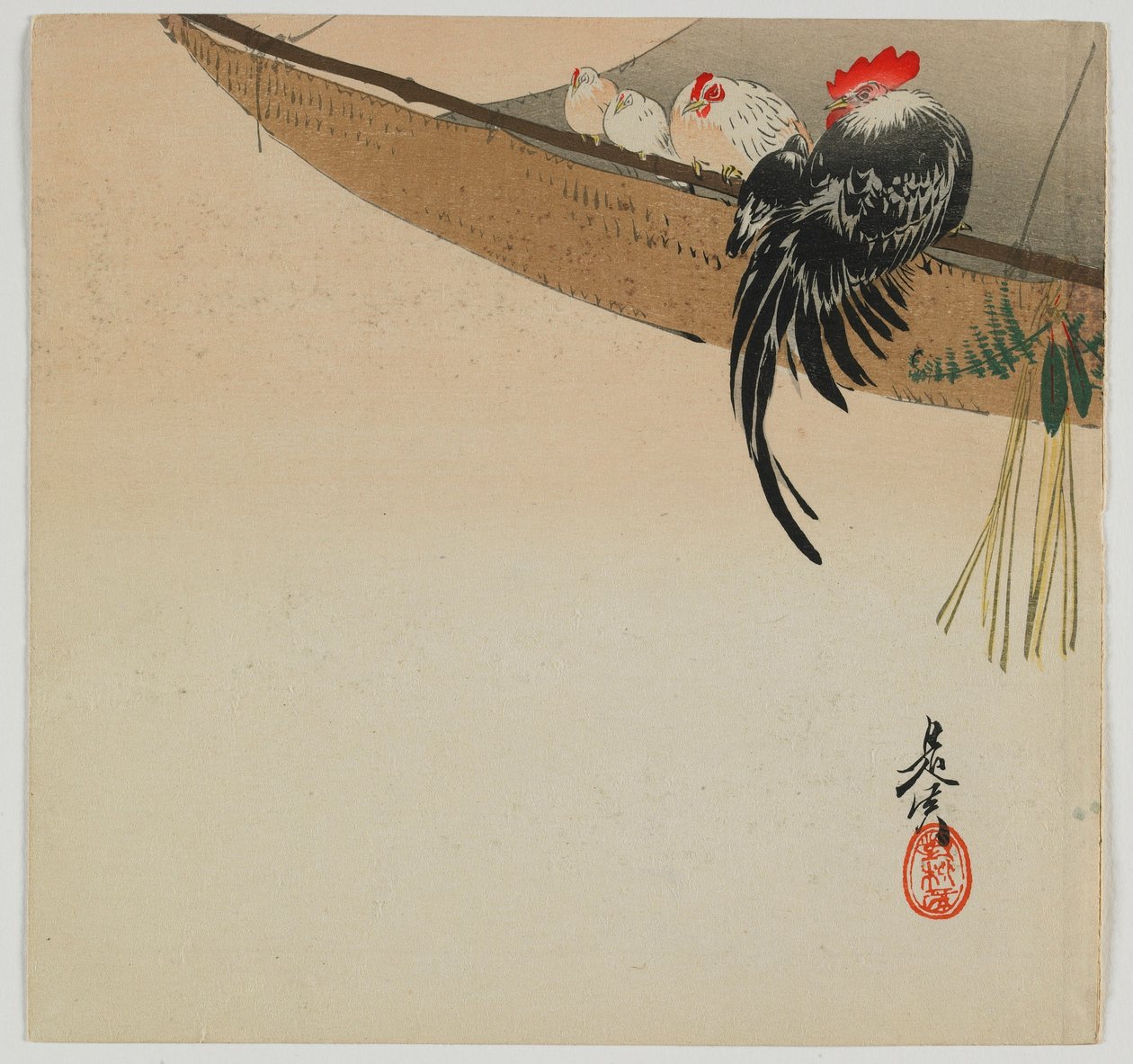 Kury siadające na żaglu, epoka Meiji, koniec XIX w. (kolorowy drzeworyt) autorstwa Shibata Zeshin