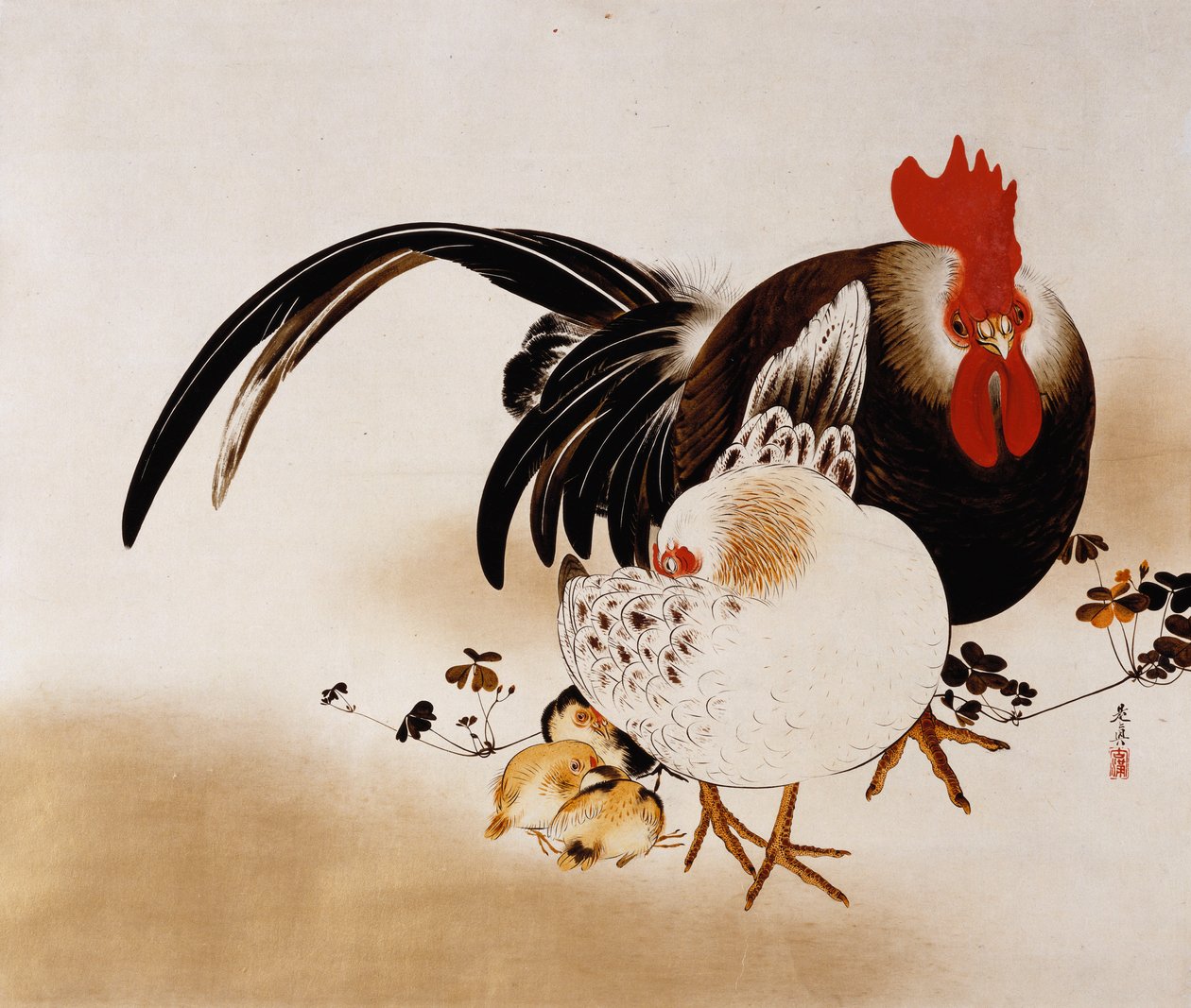 Kogucik, Kura i Kurczaki, 1892 autorstwa Shibata Zeshin