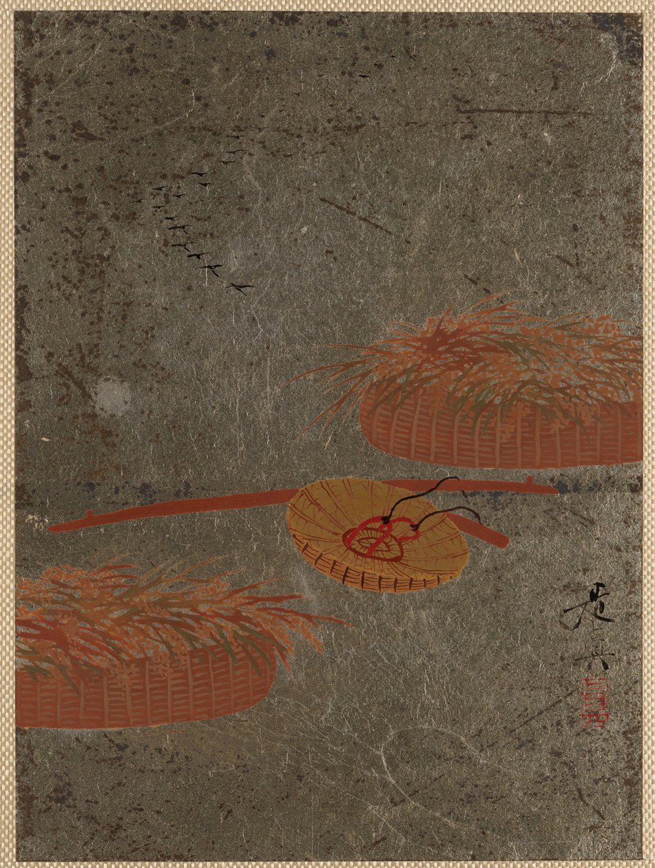 Kosze na kwiaty i czapka rolnika, ca. 1880. autorstwa Shibata Zeshin