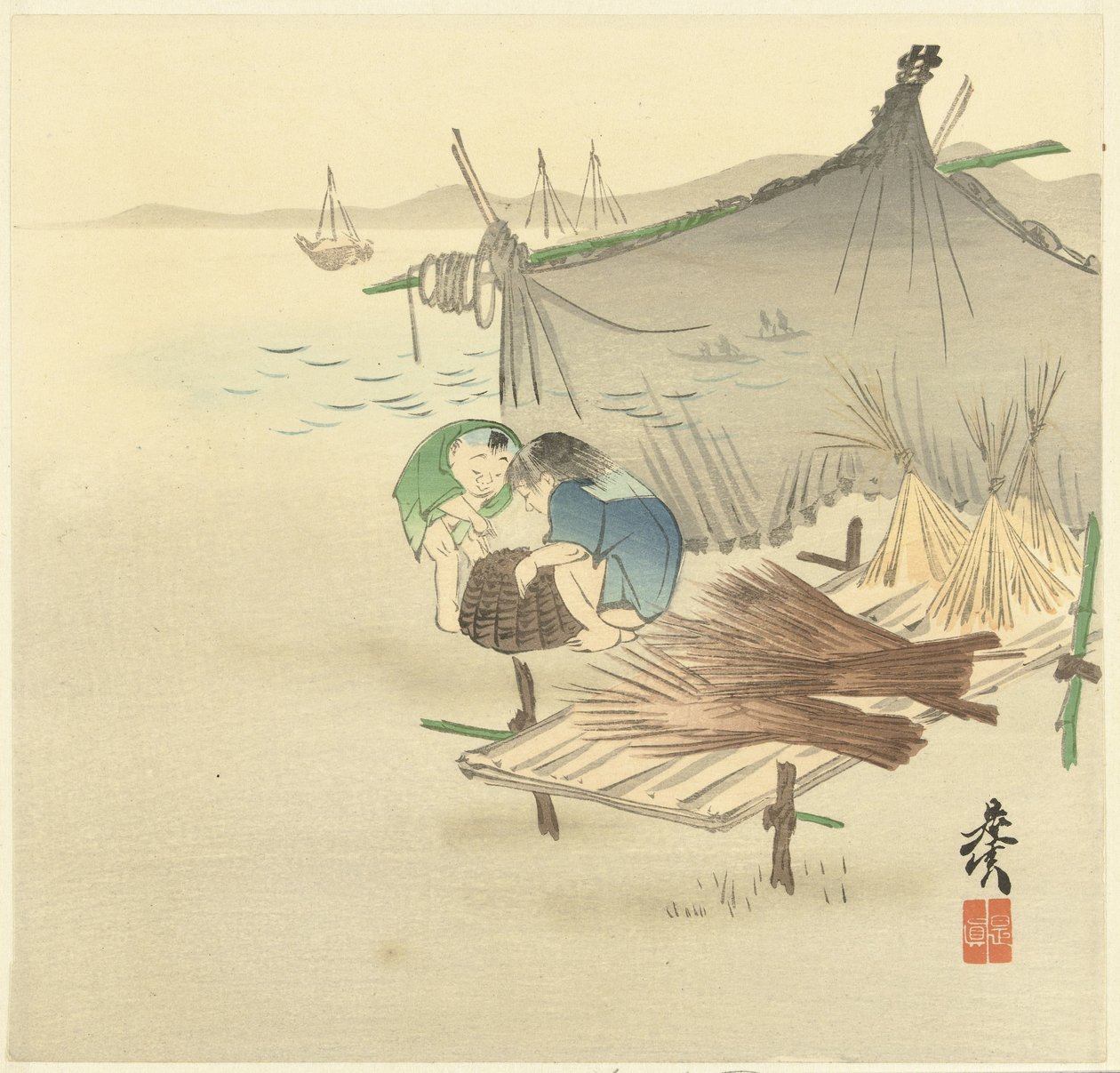 Dzieci przy sieci rybackiej autorstwa Shibata Zeshin