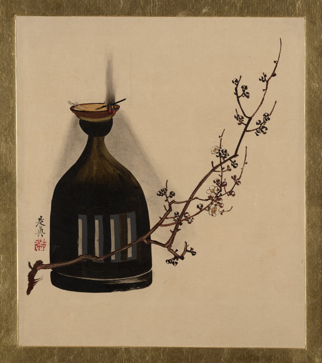 Lakierowane obrazy o różnej tematyce: gałązka śliwki z lampą oliwną, 1882 r. autorstwa Shibata Zeshin