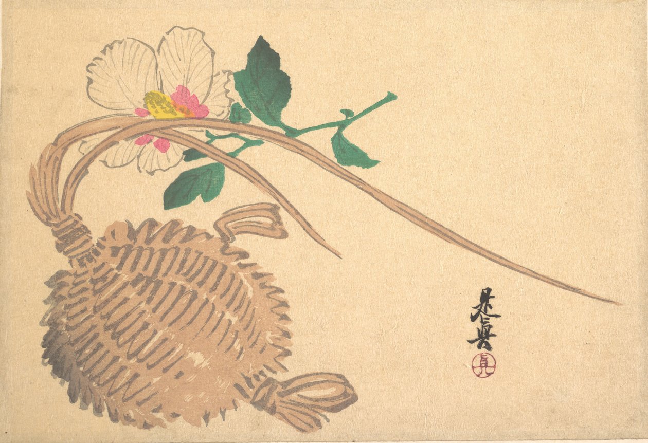 Słomiany Kosz na Rybę i Kwiat Mokuge, ca. 1875 r., ok. 1875 r. 1875. autorstwa Shibata Zeshin