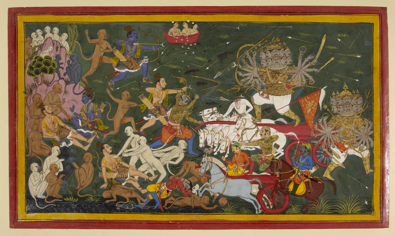 Dodać. 15297 (1) f.142r Walka z dziesięciogłowym królem demonów Ravaną, „Ramayana” autorstwa Unbekannt