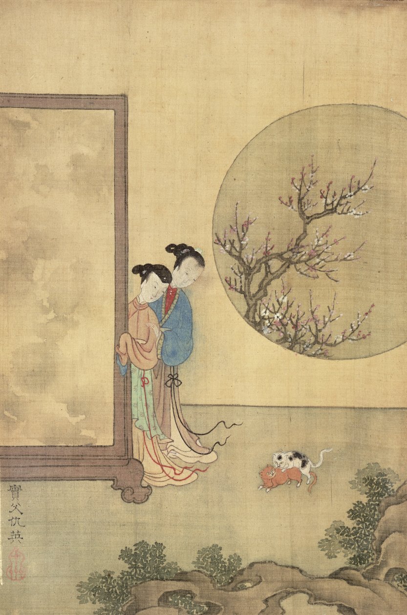 Dwie dziewczyny za parawanem (tusz na papierze) autorstwa Shih Fu Chuiu Ying Shih Fu Chuiu Ying