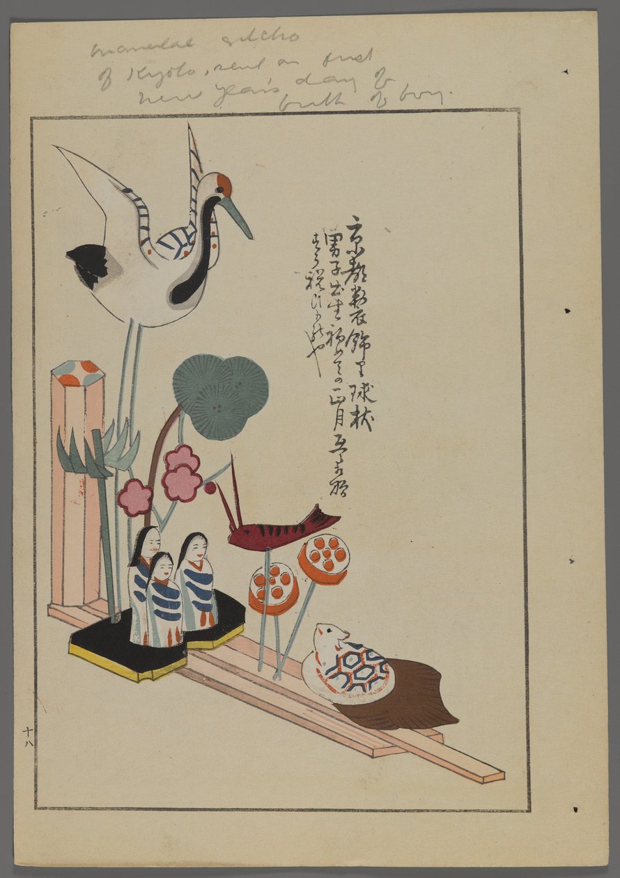 Japońskie zabawki z Unai no tomo (Przyjaciół dzieci) Shimizu Seifu, 1891-1923. Animowana scena przedstawiająca żurawia, ludzi, rybę, żabę, wysłana w pierwszy noworoczny dzień narodzin chłopców. autorstwa Shimizu Seifu