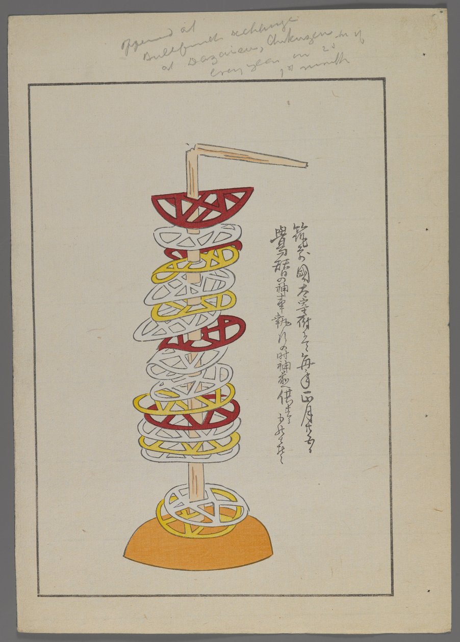 Japońskie zabawki z Unai no tomo (Przyjaciół dzieci) Shimizu Seifu, 1891-1923. Przebite geometryczne krążki na patyku. autorstwa Shimizu Seifu